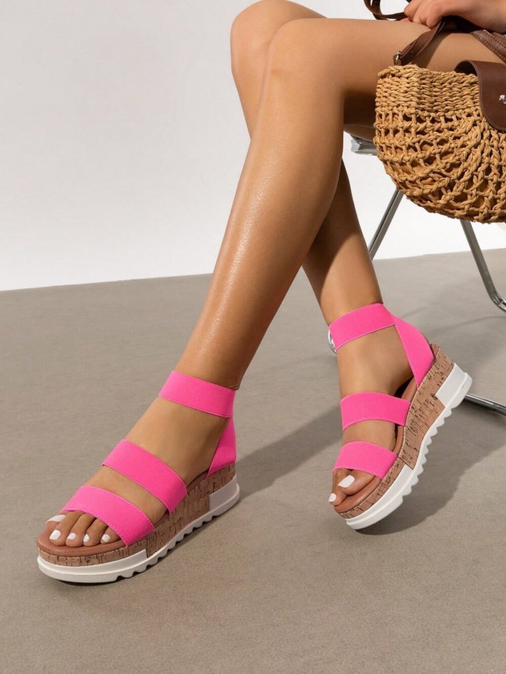Pink Vacation Women's  Open Toe Elastic Strap  Wedges Platform Sandals